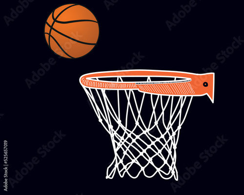 Basketball hoop, basketball net, basketball basket with basketball illustration on black background © MicroTee
