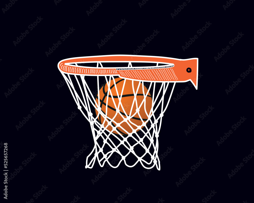 Basketball hoop, basketball net, basketball basket with basketball illustration on black background Basketball hoop, basketball net, basketball basket with basketball illustration on black background