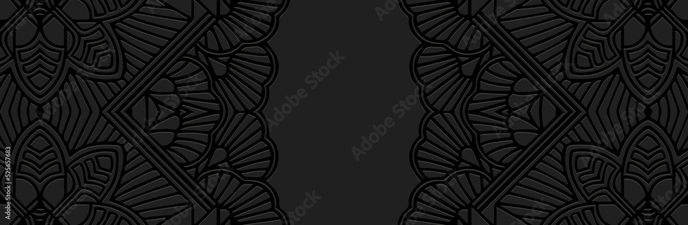 Banner, cover design. Embossed ethnic 3d pattern on a black background, doodling tribal lace texture, handmade. Folk traditional ornaments of the East, Asia, India, Mexico, Aztecs, Peru. - obrazy, fototapety, plakaty 