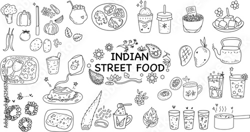 Hand-drawn doodle line art of Indian Street food icon set. cute black and white minimal style.