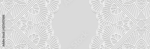Banner, cover design. Embossed ethnic 3d pattern on a white background, tribal openwork doodling texture, handmade. Folk traditional ornaments of the East, Asia, India, Mexico, Aztecs, Peru.