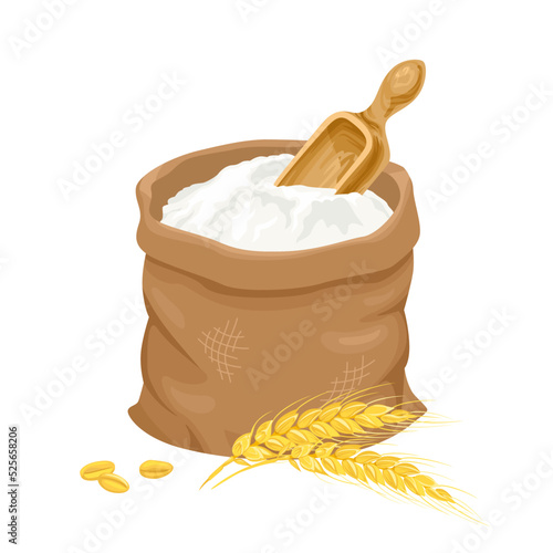 Sack with wheat flour and golden ears isolated on white. Vector cartoon illustration of food.