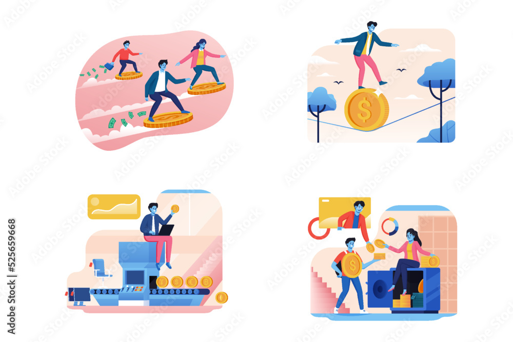 Difference Earn gold coins from passive income gain or dividend from stock market investment, save money and business profit vector illustration set