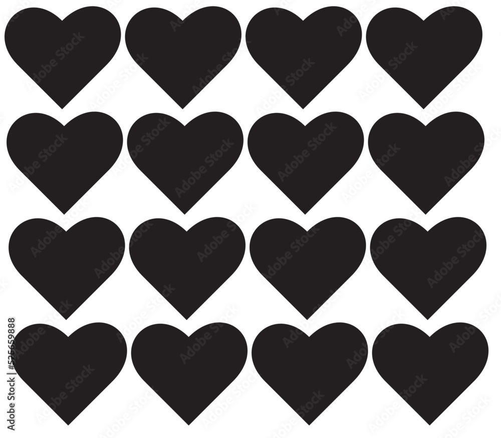 Many black color heart icons set on white background.	