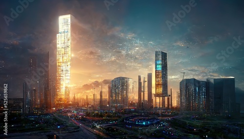 Beautiful cityscape with futuristic city at sunset. 3D, Raster illustration.