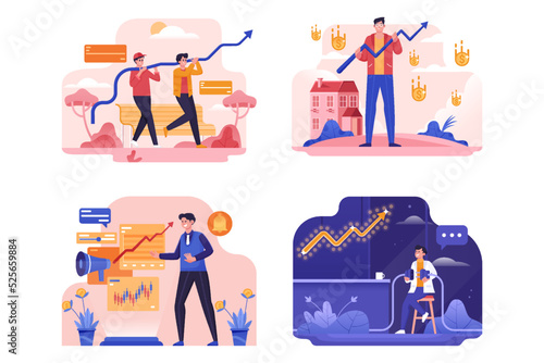 Different people planning strategy and marketing analysis to develop business towards target vector illustration set