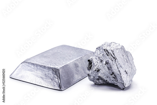 platinum ingot and nugget, noble metal, used in the production of catalysts, luxury jewelry, isolated white background photo