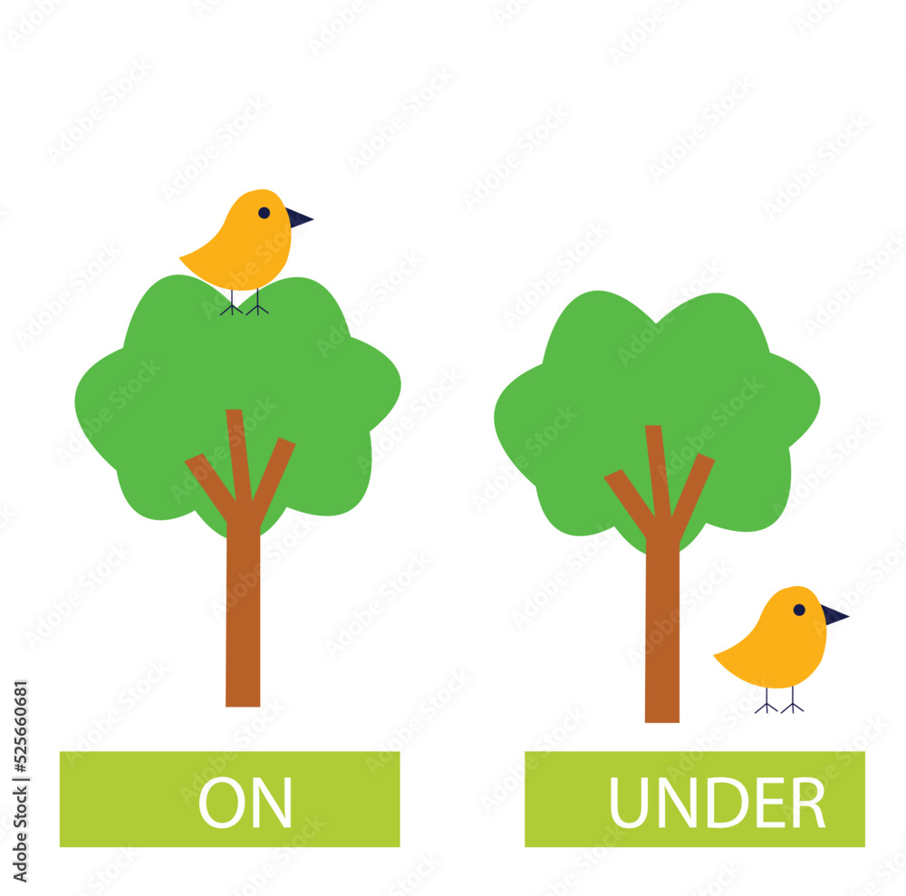 On and under prepositions antonyms word card flat vector template ...