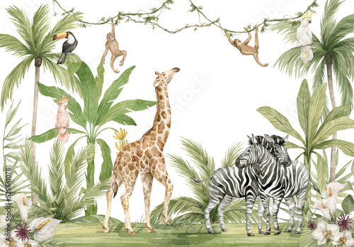 Watercolor composition with African animals and natural elements. Giraffe  monkeys  zebras  palm trees  flowers. Safari wild creatures. Jungle  tropical illustration for nursery wallpaper