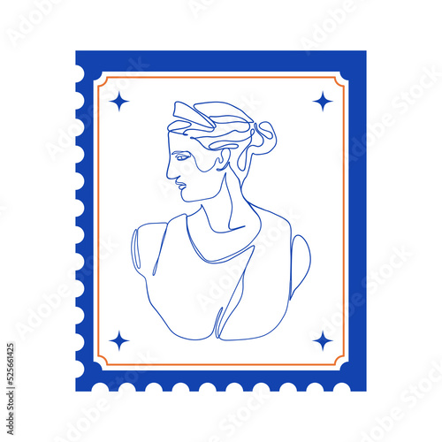 Greek ancient goddess stamp. Postage frame sticker greece mythology line art, vintage statue sketch. Vector graphic