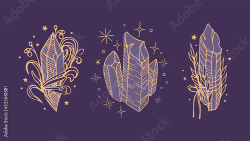 Crystal set with sprigs of a plant. The magic of plants and minerals. ritual amulet. Vintage illustration in boho style. Halloween, witchcraft. For logo, posters, cards, banners, fabric printing
