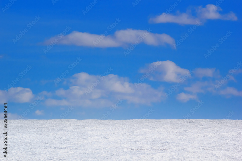 Arctic winter landscape - view of a snowy desert field in the rays of the winter sun