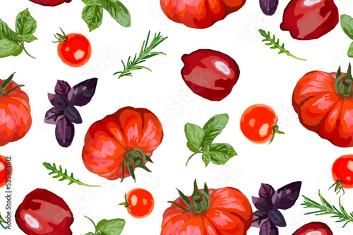 seamless pattern with tomatoes and herbs