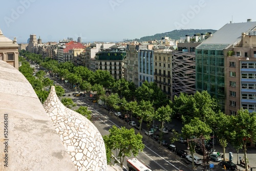 High above shot of Passeig de Gracia notable avenue buildings in Barcelona, Spain.