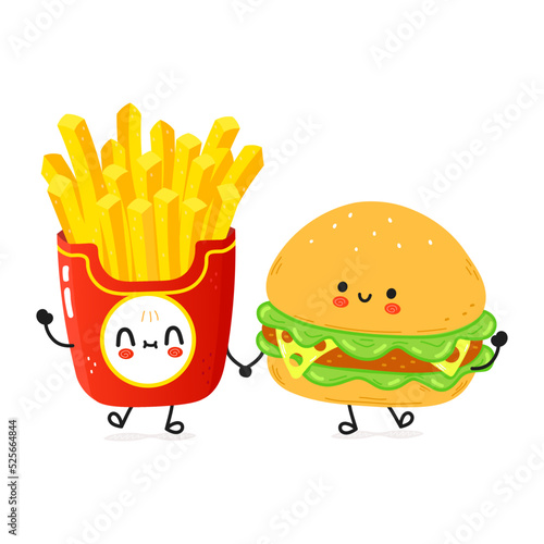 Cute happy hamburger and french fries card. Vector hand drawn doodle style cartoon character illustration icon design. Happy hamburger and french fries friends concept card