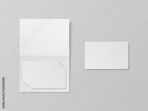 Vector 3d Realistic White Guest Room, Plastic Hotel Apartment Keycard, ID Card, Sale, Credit Card. Design Template with Paper Cover Case, Wallet for Mockup, Branding. Top View photo