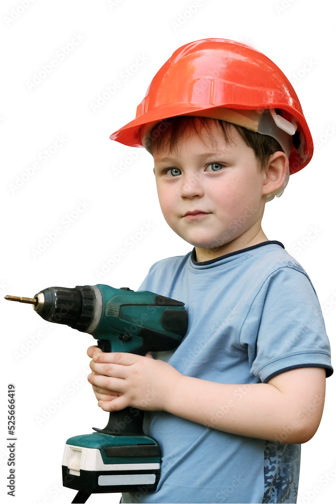 the boy is standing with a screwdriver in his hands in an orange helmet. Isolated on white background, vertical photo, Preschooler playing builder or repairman working with tools. the boy is standing with a screwdriver in his hands in an orange helmet. Isolated on white background, vertical photo, Preschooler playing builder or repairman working with tools.