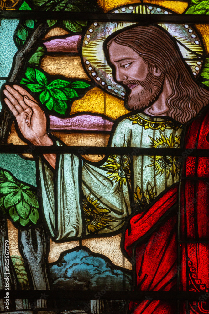 Fototapeta premium Jesus Christ blessing stained glass inside St Peter Church in Gramado, Brazil