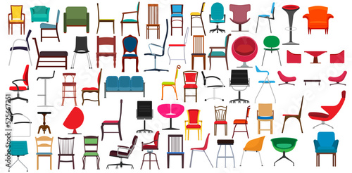 Chair furniture design and armchair seat office interior icon. Home object isolated vector illustration and room symbol style decoration set. Indoor equipment stool and cartoon sitting for apartment