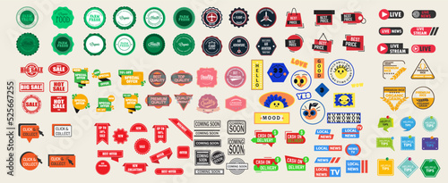 Badge set symbol element design icon and label quality emblem. Sticker premium business banner vector illustration. Guarantee seal stamp and insignia award. Sale frame product collection and commerce