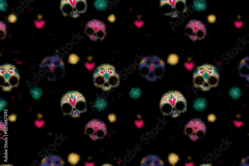Creepy floating skulls in a dreamy nightmarish ethereal background for day of the dead or Halloween.