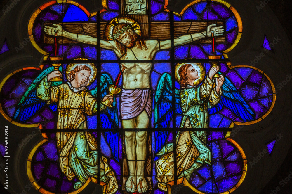 Jesus Christ crucified stained glass inside St Peter Church in Gramado, Brazil