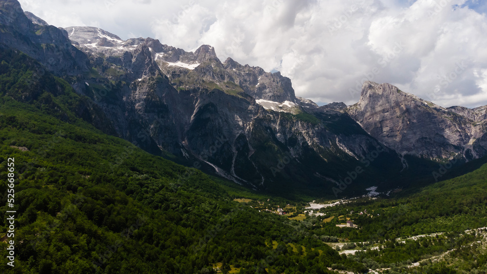 Scenic paradisiac landscape view of Albanian Alps mountains. Traveling, exploring, holiday concept Scenic paradisiac landscape view of Albanian Alps mountains. Traveling, exploring, holiday concept