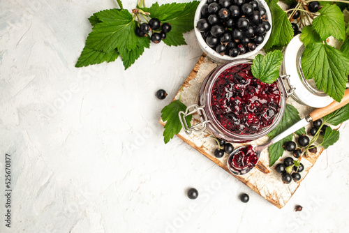 Fényképezés The black currant curd, custard or jam and fresh berries, Food recipe background