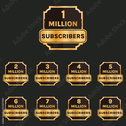 1 million to 9 million plus subscribers celebration background design set vector, 1m plus subscribers thank you