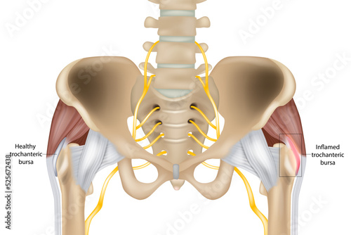 Hip Trochanteric bursitis is inflammation of the bursa. Illustration of the Healthy and inflamed trochanteric bursa. Greater trochanteric pain syndrome.