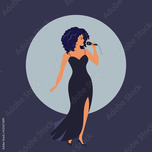 African American soul singer in concert dress singing into microphone. Cartoon flat style. Vector Illustration