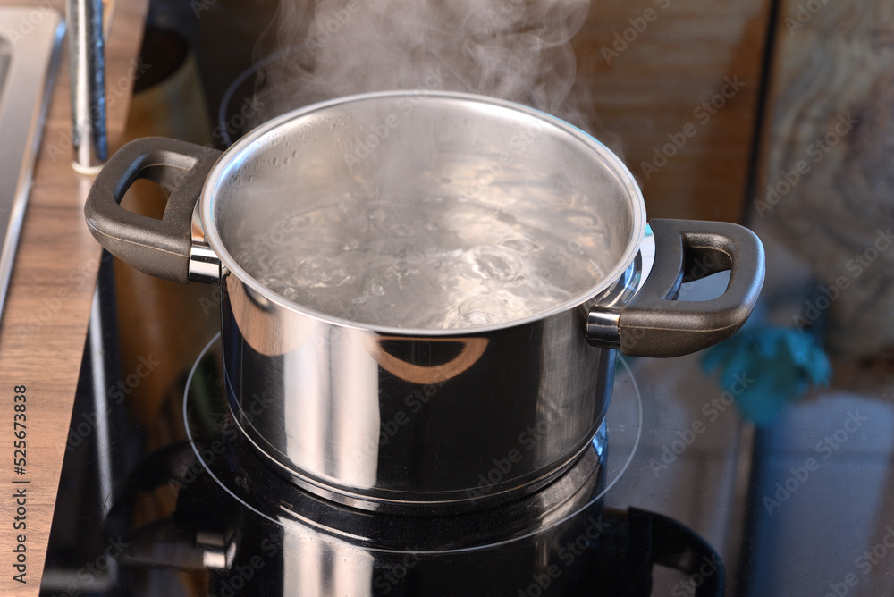 Boiling water in a pan on a hot electric stove. Boiling water in a pan on a hot electric stove.