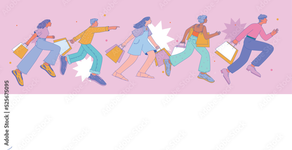 Happy people run with shopping bags Happy people run with shopping bags