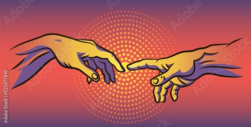 Michelangelo Buonarroti - The Creation of Adam. Part, detail, replica hands. Retro, sun, colorful.