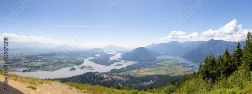 Panoramic View of Fraser Valley from top of the mountain. Canadian Nature Landscape Background. Harrison Mills near Chilliwack  British Columbia  Canada.