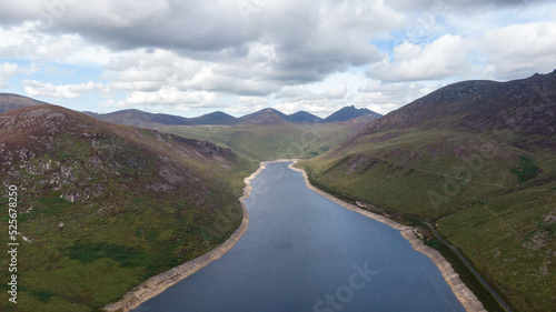 Silent Valley Reservoir in Mourne Mourne Mountains near Kilkeeel, Northern Ireland. Aerial view 