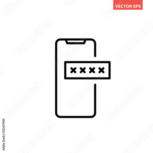 Black single phone with encrypted password line icon, multi factor authentication flat design pictogram, infographic vector for app logo web button ui ux interface element isolated on white background