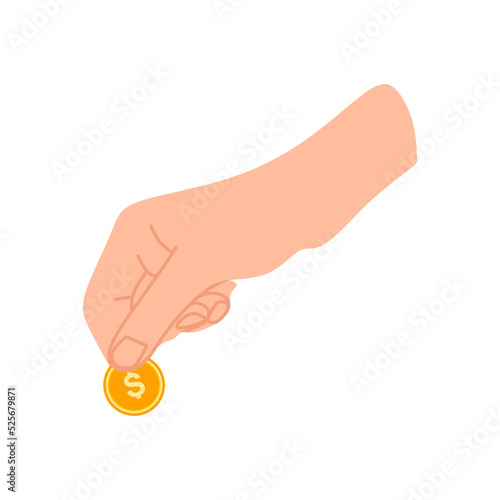 Cartoon hand of  holds coin. Concept of financial operation with money bills and banknotes. Vector illustration with hand and money bills.
