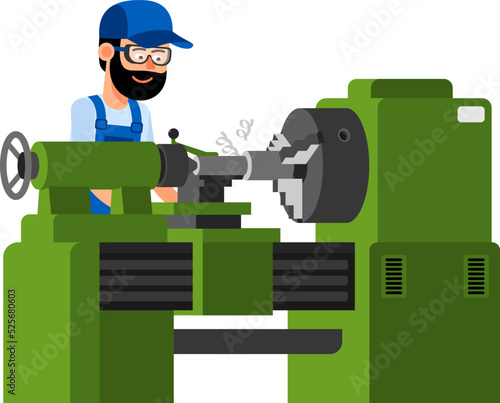 Turner processes workpiece on lathe. Factory worker. Vector illustration.