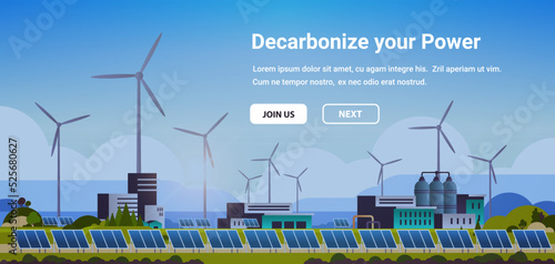 Wind turbines and solar panels energy renewable station field build waste free world clean power concept