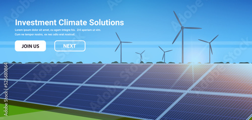 Wind turbines and solar panels energy renewable station in field waste free world clean power investment climate solutions