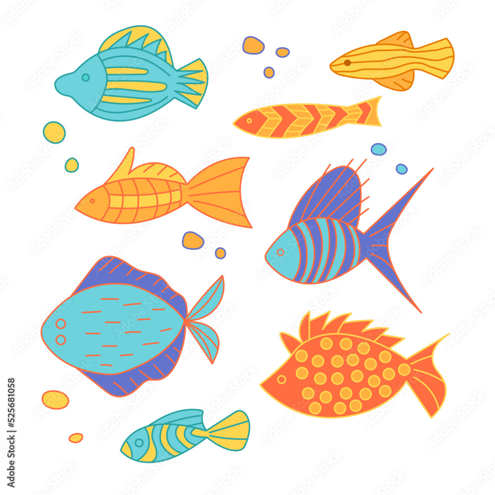Set of colorful, funny, different cartoon fishes. in the doodle style