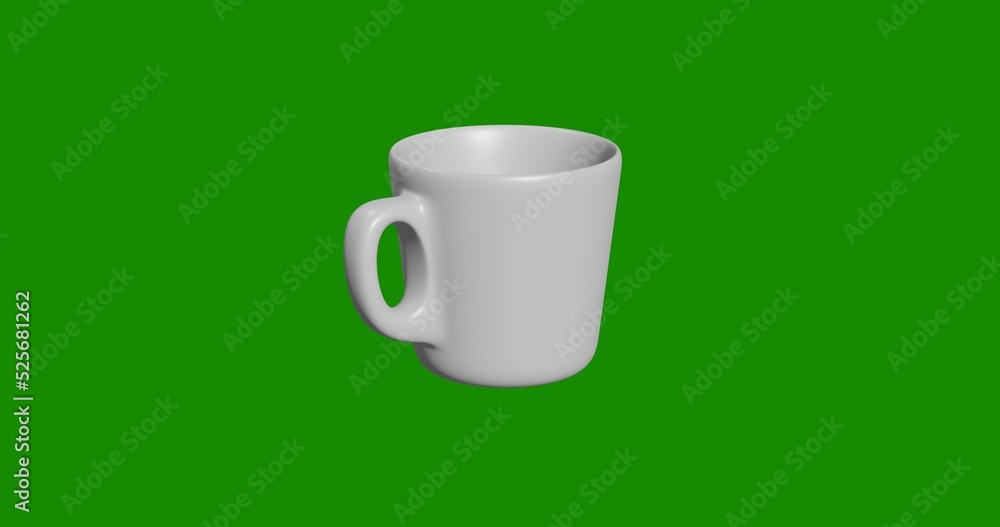 Isolated realistic white cup front view with shadow. 3d illustration on green chroma key background