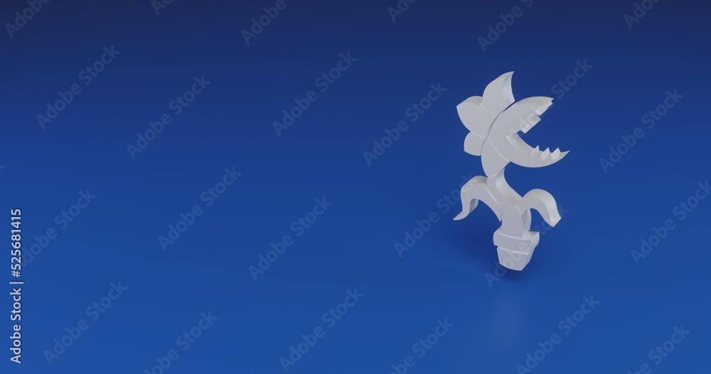 Isolated realistic white carnivorous plant symbol with shadow. Located on the right side of the scene. 3d illustration on blue background Isolated realistic white carnivorous plant symbol with shadow. Located on the right side of the scene. 3d illustration on blue background