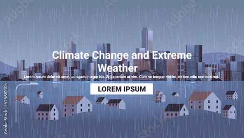 Natural disaster catastrophe storm buildings flood by big rising water levels submerge house as heavy monsoon rains climate change