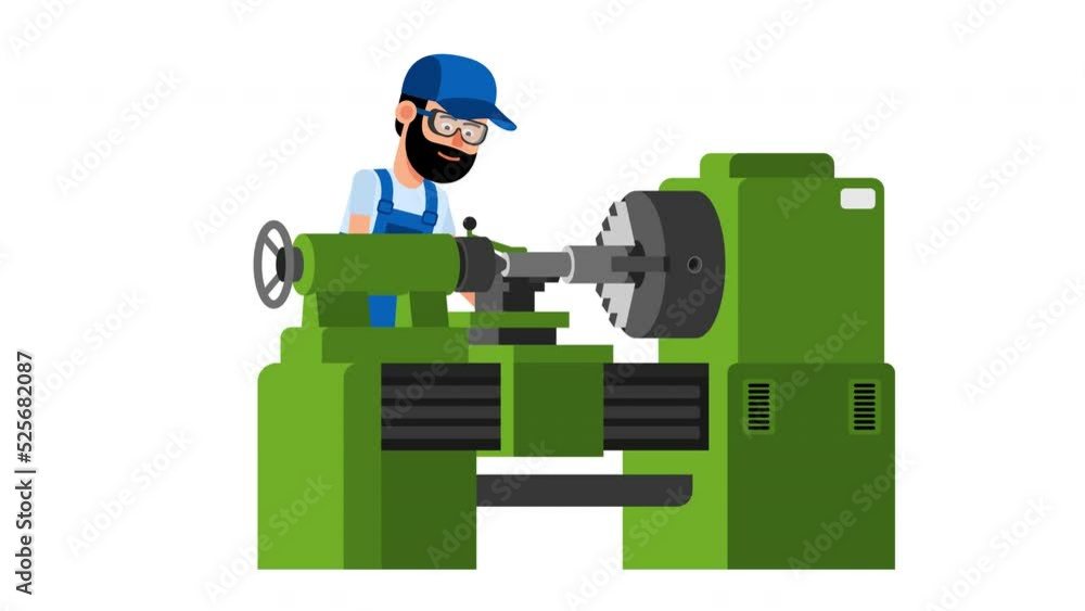 Turner processes workpiece on lathe. Factory worker. Looped animation. Turner processes workpiece on lathe. Factory worker. Looped animation.