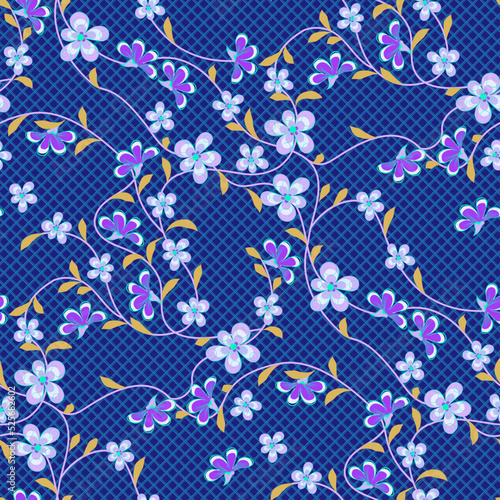 Seamless floral pattern on a dark blue checked background small decorative flowers with leaves and intertwining stems on a white background for fabric design batiste, silk.