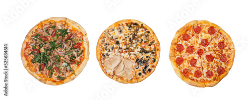 3 types of pizza: assorty, meat, salami. Pizza for your menu, pizza mockup, isolated pizza