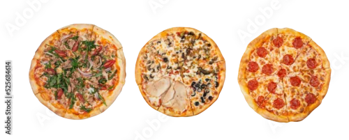 Obraz  z motywem 3 types of pizza: assorty, meat, salami. Pizza for your menu, pizza mockup, isolated pizza