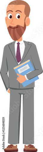 Bearded man in suit with book. Business coach character
